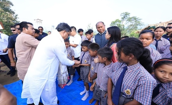 Chief Minister Dr Manik Saha interacts with Bru children in Dhalai district.